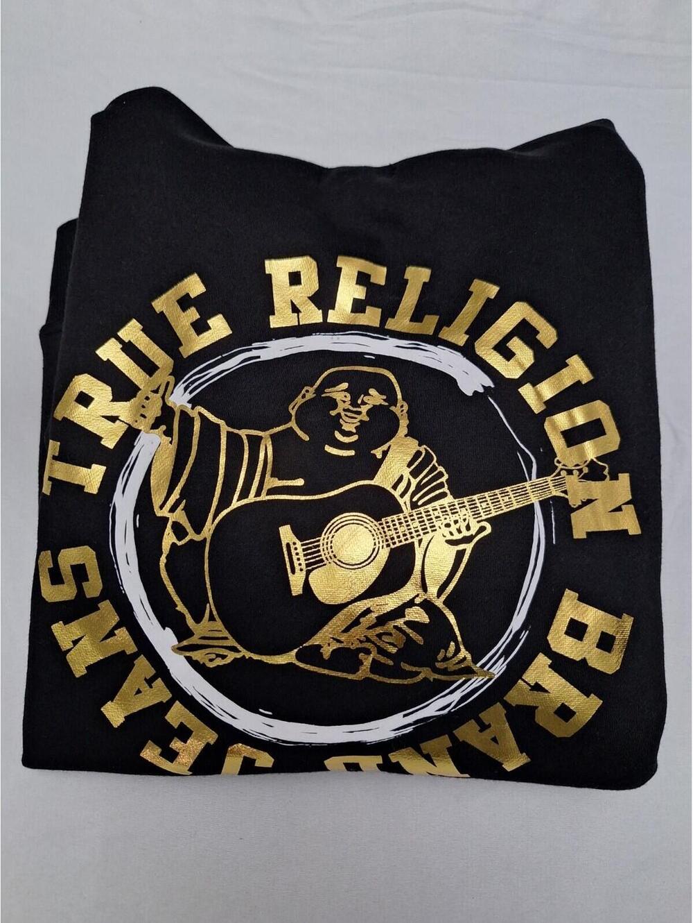 True Religion Zip Hoodie Men’s Medium Black Gold Foil Logo Buddha Full Zip
